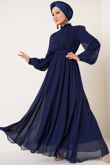 Göğsü Piliseli Şifon Elbise Lacivert - Tesettür Elbise