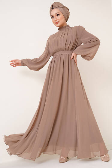 Göğsü Piliseli Şifon Elbise Vizon - Tesettür Elbise