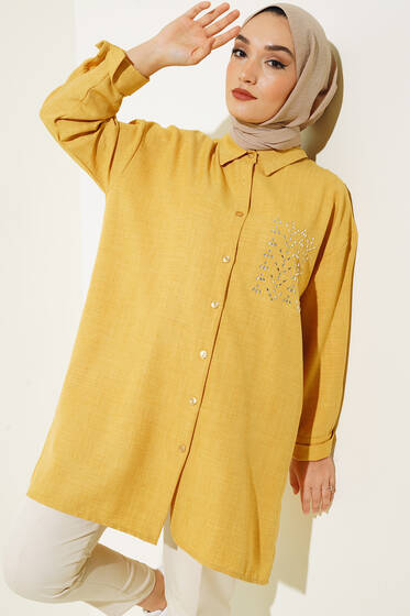 Göğsü Taş Detaylı Gömlek Hardal - Gömlek