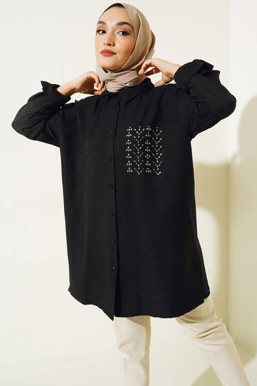 Göğsü Taş Detaylı Gömlek Siyah - Gömlek