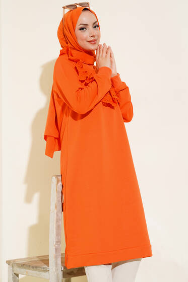 Göğsü V Dantelli Tunik Turuncu - Tunik