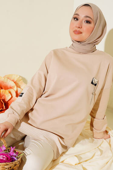 Göğüs Aksesuarlı Ekoseli Tunik Bej - Tunik