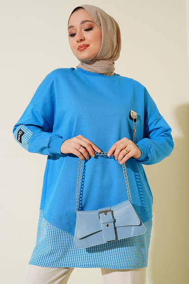 Göğüs Aksesuarlı Ekoseli Tunik Mavi - Tunik
