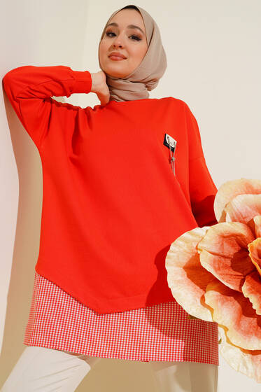 Göğüs Aksesuarlı Ekoseli Tunik Oranj - Tunik