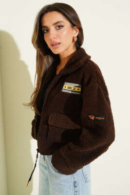 Göğüs Armalı Kısa Peluş Ceket Kahve - TİLLE