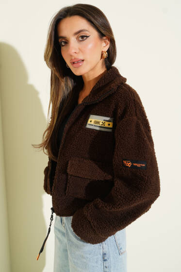 Göğüs Armalı Kısa Peluş Ceket Kahve - Kadın Giyim Modelleri