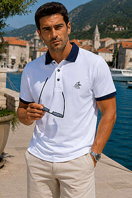 Göğüs Armalı Polo Yaka Erkek T-shirt Beyaz - HİT TİME