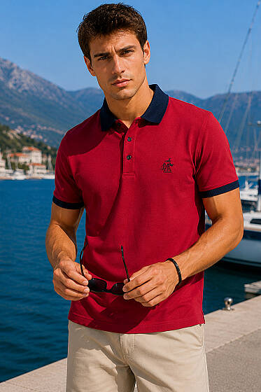 Göğüs Armalı Polo Yaka Erkek T-shirt Bordo - Erkek T-shirt