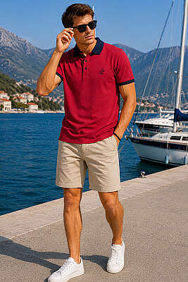 Göğüs Armalı Polo Yaka Erkek T-shirt Bordo - Erkek T-shirt