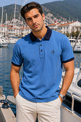 Göğüs Armalı Polo Yaka Erkek T-shirt İndigo - HİT TİME