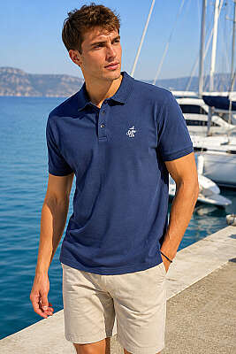 Göğüs Armalı Polo Yaka Erkek T-shirt Lacivert - HİT TİME