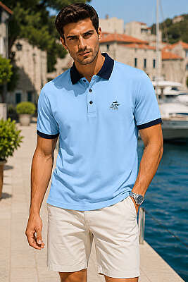 Göğüs Armalı Polo Yaka Erkek T-shirt Mavi - HİT TİME