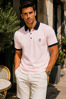 Göğüs Armalı Polo Yaka Erkek T-shirt Pembe - HİT TİME