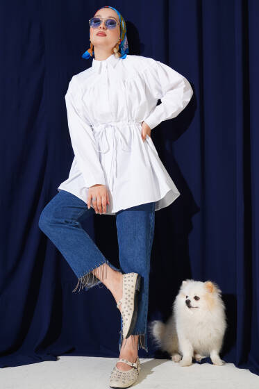 Göğüs Büzgülü Bel Tünelli Gömlek Beyaz - Gömlek