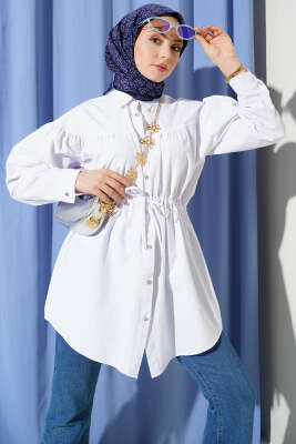 Göğüs Büzgülü Bel Tünelli Gömlek Beyaz - VAV TEKSTİL