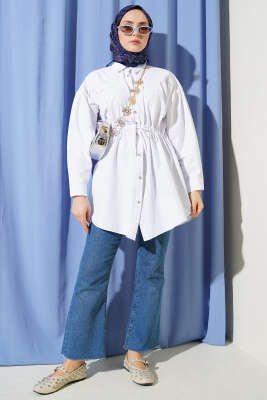 Göğüs Büzgülü Bel Tünelli Gömlek Beyaz - Gömlek