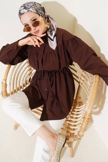 Göğüs Büzgülü Bel Tünelli Gömlek Kahve - Gömlek