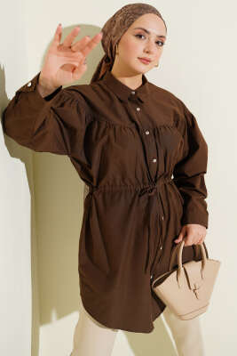 Göğüs Büzgülü Bel Tünelli Gömlek Kahve - VAV TEKSTİL