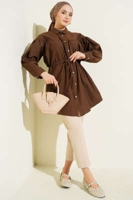 Göğüs Büzgülü Bel Tünelli Gömlek Kahve - Gömlek