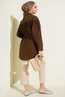 Göğüs Büzgülü Bel Tünelli Gömlek Kahve - Gömlek