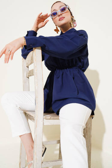 Göğüs Büzgülü Bel Tünelli Gömlek Lacivert - Gömlek