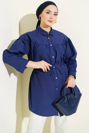 Göğüs Büzgülü Bel Tünelli Gömlek Lacivert - Gömlek