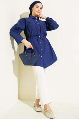 Göğüs Büzgülü Bel Tünelli Gömlek Lacivert - Gömlek