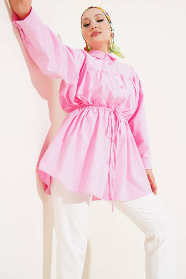 Göğüs Büzgülü Bel Tünelli Gömlek Pembe - Gömlek