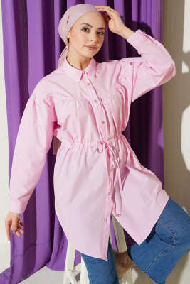 Göğüs Büzgülü Bel Tünelli Gömlek Şeker Pembe - Gömlek