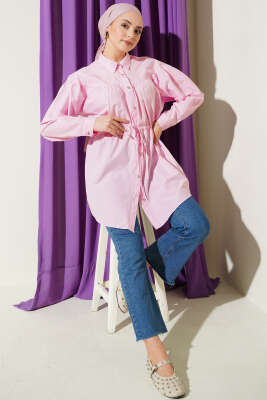 Göğüs Büzgülü Bel Tünelli Gömlek Şeker Pembe - Gömlek