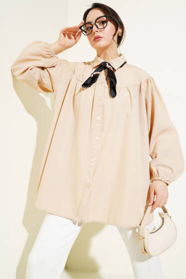 Göğüs Büzgülü Gömlek Bej - Gömlek