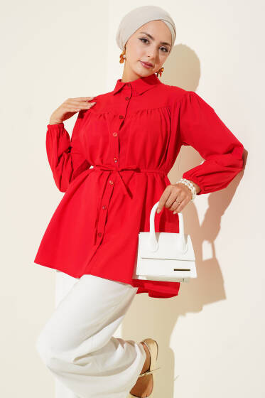 Göğüs Büzgülü Gömlek Kırmızı - Gömlek