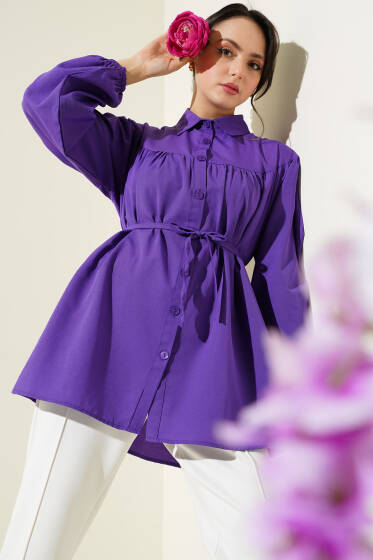 Göğüs Büzgülü Gömlek Mor - Gömlek