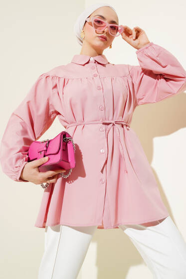 Göğüs Büzgülü Gömlek Pudra - Gömlek