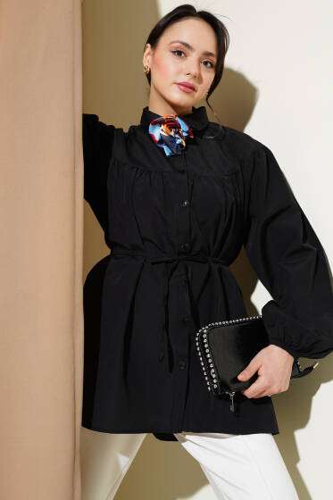 Göğüs Büzgülü Gömlek Siyah - Gömlek