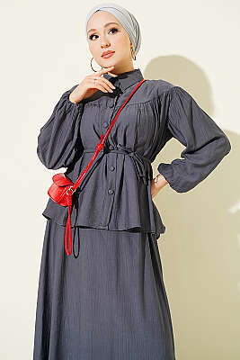 Göğüs Büzgülü İp Kuşaklı Etekli İkili Takım Füme - İkili Takım