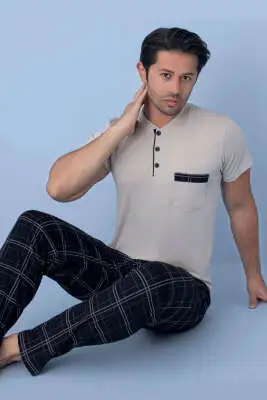 Göğüs Cep Detaylı Kısa Kol Erkek Pijama Bej 