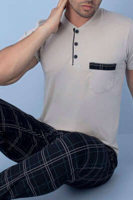 Göğüs Cep Detaylı Kısa Kol Erkek Pijama Bej - Kadın Pijama Takımı