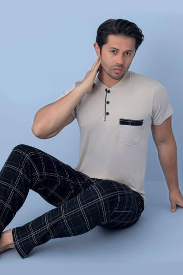 Göğüs Cep Detaylı Kısa Kol Erkek Pijama Bej - Pijama