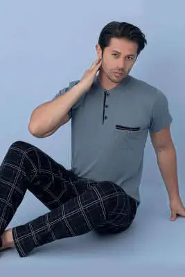 Göğüs Cep Detaylı Kısa Kol Erkek Pijama Koyu Gri