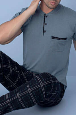 Göğüs Cep Detaylı Kısa Kol Erkek Pijama Koyu Gri - Kadın Pijama Takımı