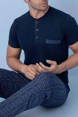 Göğüs Cep Detaylı Kısa Kol Erkek Pijama Lacivert - Kadın Pijama Takımı