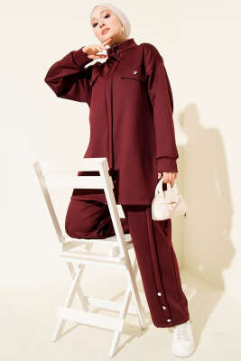 Göğüs Cep Kapaklı Fermuarlı Scuba İkili Takım Bordo - NESSİA