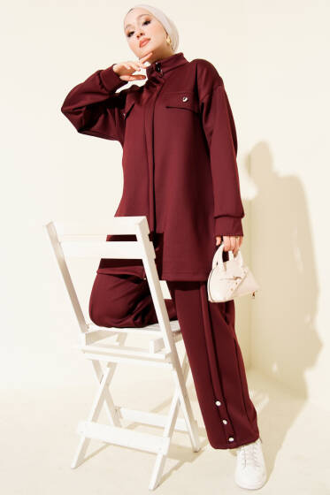 Göğüs Cep Kapaklı Fermuarlı Scuba İkili Takım Bordo - İkili Takım