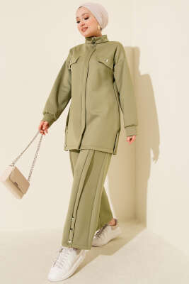 Göğüs Cep Kapaklı Fermuarlı Scuba İkili Takım Çağla Yeşili - NESSİA