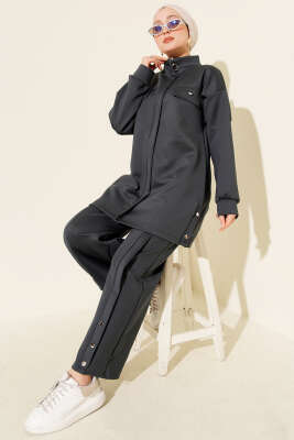 Göğüs Cep Kapaklı Fermuarlı Scuba İkili Takım Füme - NESSİA