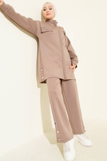 Göğüs Cep Kapaklı Fermuarlı Scuba İkili Takım Vizon - İkili Takım