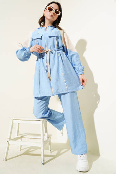 Göğüs Cep Kapaklı Garnili İkili Takım Mavi - İkili Takım