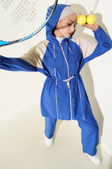 Göğüs Cep Kapaklı Garnili İkili Takım Saks - İkili Takım