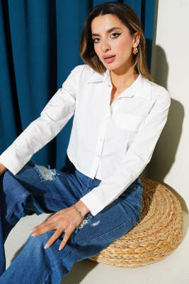 Göğüs Cep Kapaklı Kısa Gömlek Beyaz - CALİENTE